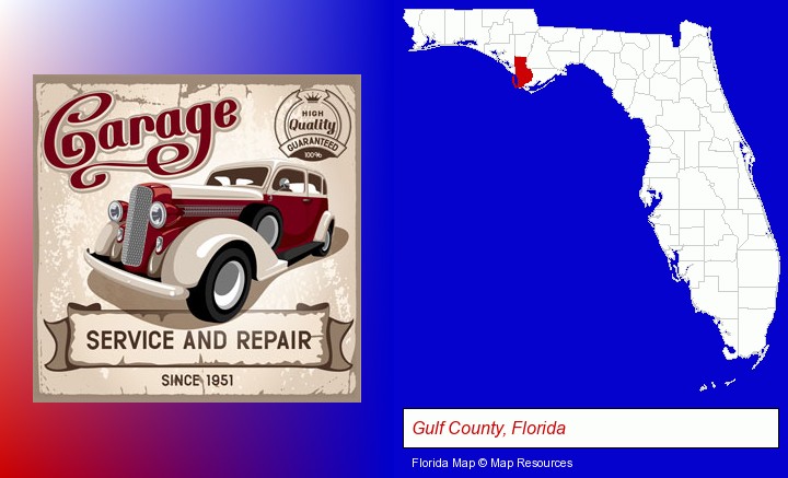 an auto service and repairs garage sign; Gulf County, Florida highlighted in red on a map