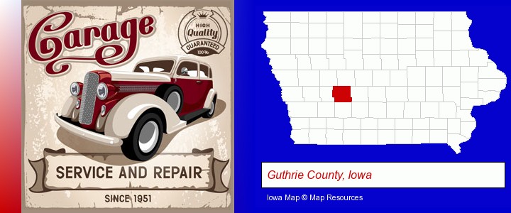 an auto service and repairs garage sign; Guthrie County, Iowa highlighted in red on a map