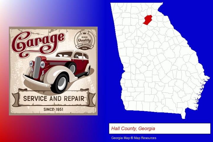 an auto service and repairs garage sign; Hall County, Georgia highlighted in red on a map