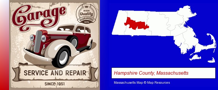 an auto service and repairs garage sign; Hampshire County, Massachusetts highlighted in red on a map