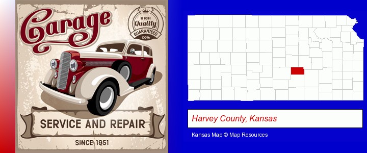an auto service and repairs garage sign; Harvey County, Kansas highlighted in red on a map