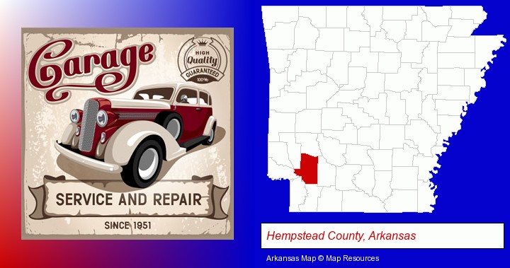 an auto service and repairs garage sign; Hempstead County, Arkansas highlighted in red on a map