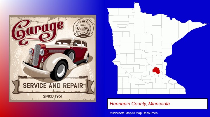 an auto service and repairs garage sign; Hennepin County, Minnesota highlighted in red on a map