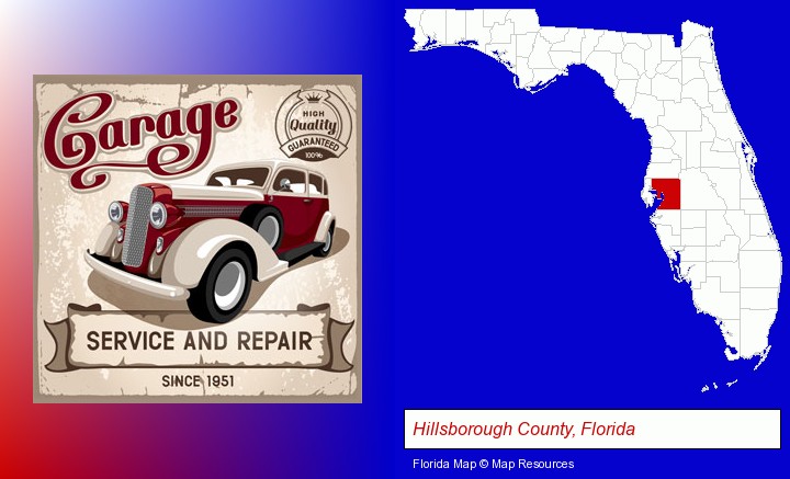 an auto service and repairs garage sign; Hillsborough County, Florida highlighted in red on a map