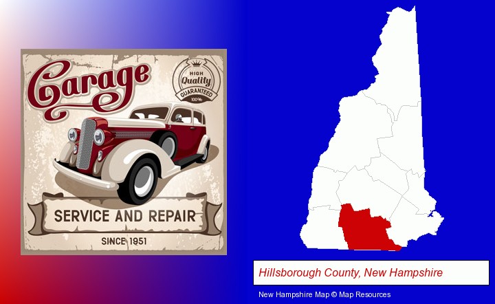 an auto service and repairs garage sign; Hillsborough County, New Hampshire highlighted in red on a map