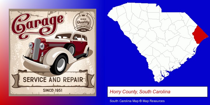an auto service and repairs garage sign; Horry County, South Carolina highlighted in red on a map