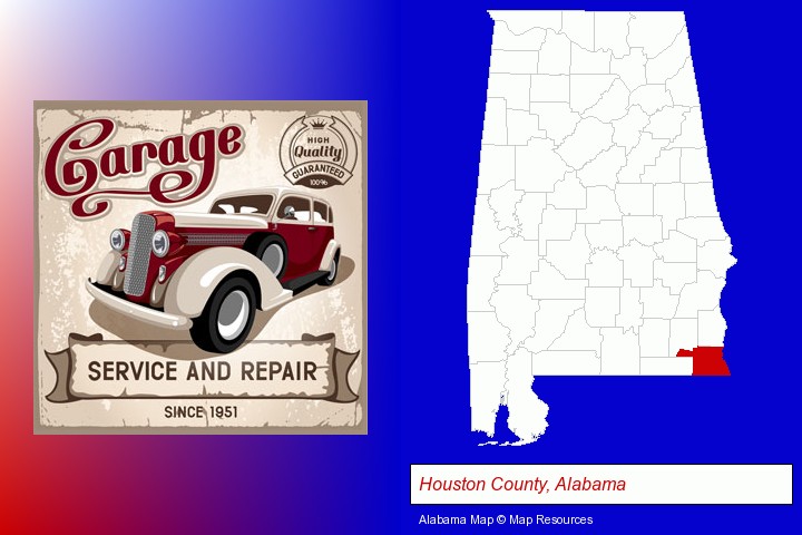 an auto service and repairs garage sign; Houston County, Alabama highlighted in red on a map
