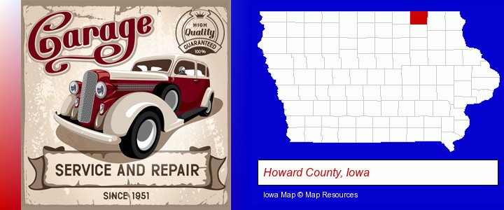 an auto service and repairs garage sign; Howard County, Iowa highlighted in red on a map