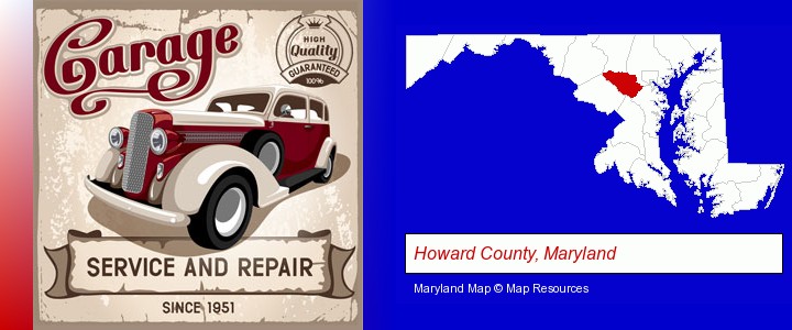 an auto service and repairs garage sign; Howard County, Maryland highlighted in red on a map