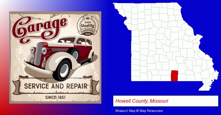 an auto service and repairs garage sign; Howell County, Missouri highlighted in red on a map