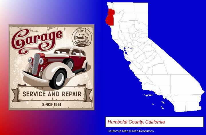 an auto service and repairs garage sign; Humboldt County, California highlighted in red on a map