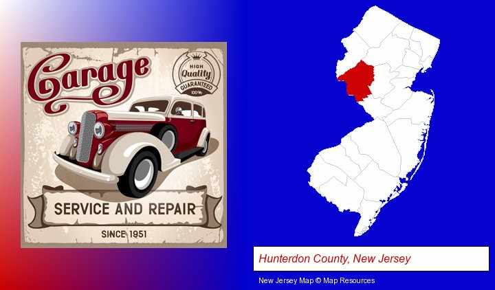 an auto service and repairs garage sign; Hunterdon County, New Jersey highlighted in red on a map