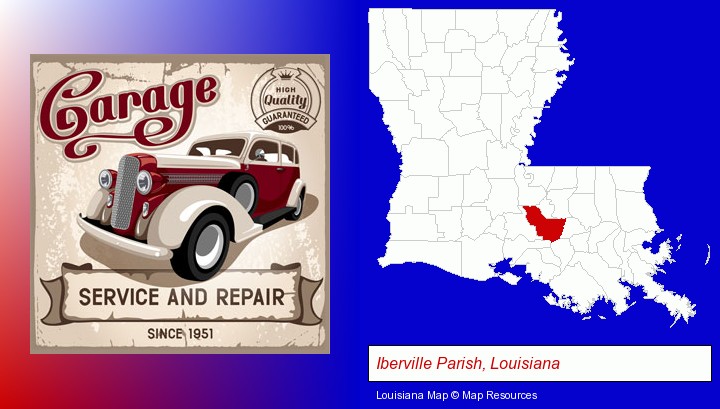 an auto service and repairs garage sign; Iberville Parish, Louisiana highlighted in red on a map