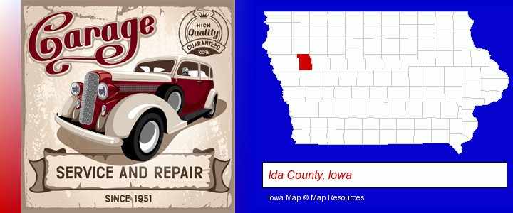 an auto service and repairs garage sign; Ida County, Iowa highlighted in red on a map