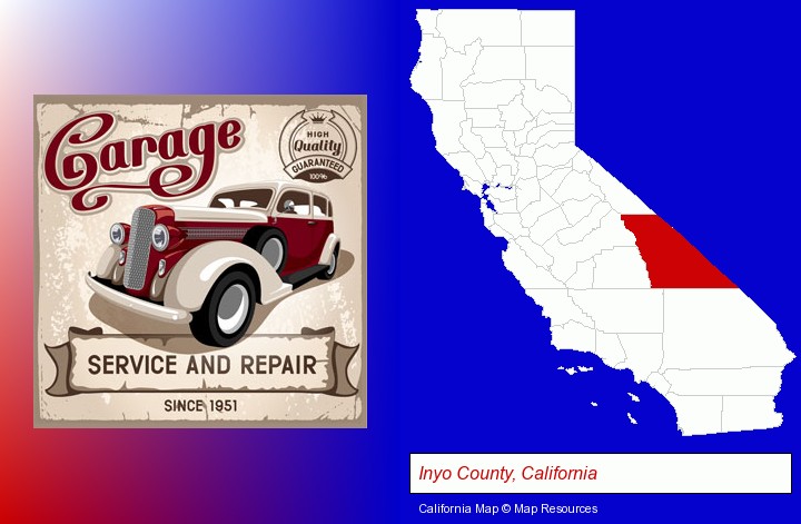 an auto service and repairs garage sign; Inyo County, California highlighted in red on a map