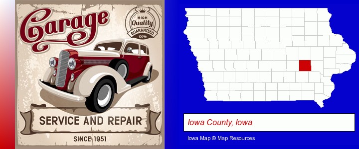 an auto service and repairs garage sign; Iowa County, Iowa highlighted in red on a map