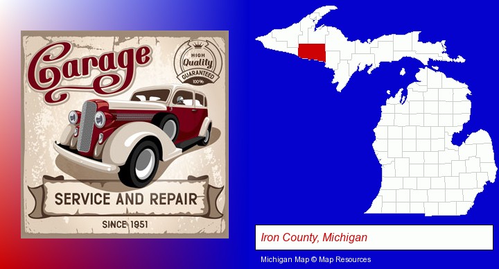 an auto service and repairs garage sign; Iron County, Michigan highlighted in red on a map