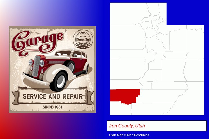 an auto service and repairs garage sign; Iron County, Utah highlighted in red on a map