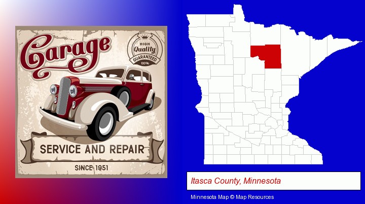 an auto service and repairs garage sign; Itasca County, Minnesota highlighted in red on a map