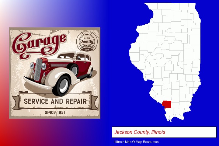an auto service and repairs garage sign; Jackson County, Illinois highlighted in red on a map