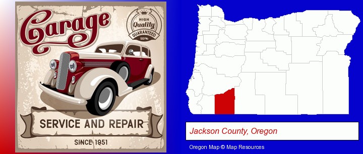 an auto service and repairs garage sign; Jackson County, Oregon highlighted in red on a map
