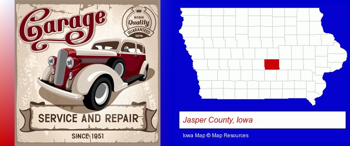 an auto service and repairs garage sign; Jasper County, Iowa highlighted in red on a map