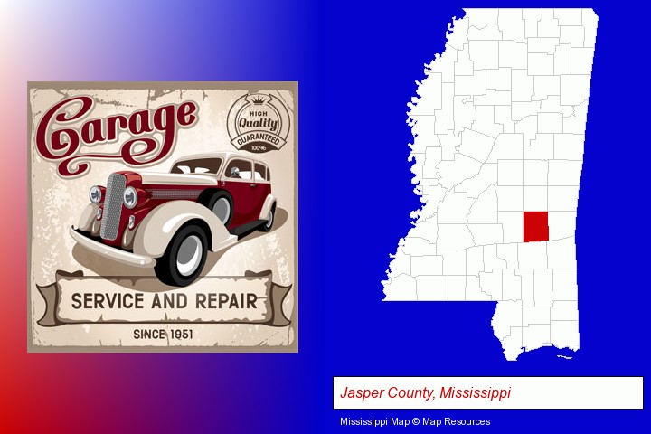 an auto service and repairs garage sign; Jasper County, Mississippi highlighted in red on a map