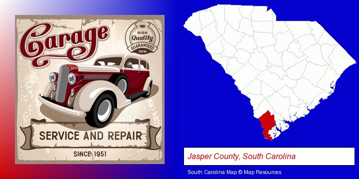 an auto service and repairs garage sign; Jasper County, South Carolina highlighted in red on a map