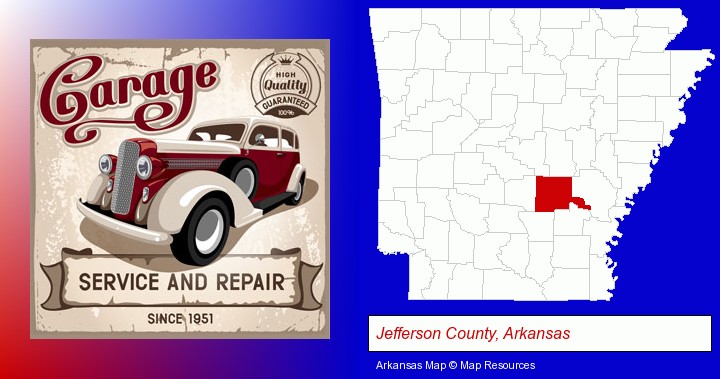 an auto service and repairs garage sign; Jefferson County, Arkansas highlighted in red on a map