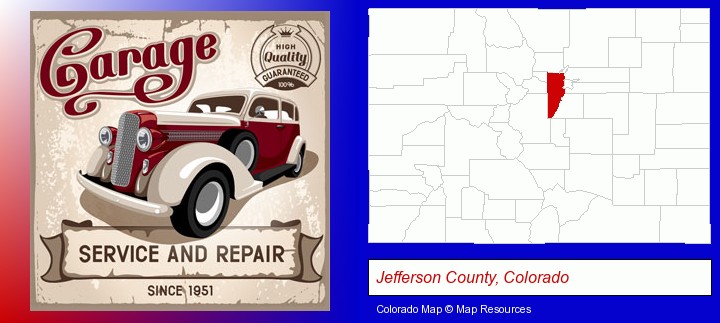 an auto service and repairs garage sign; Jefferson County, Colorado highlighted in red on a map