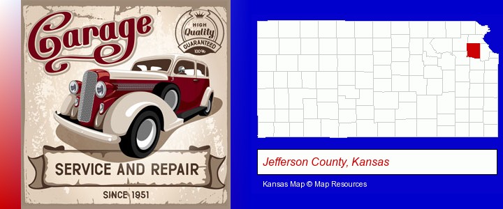 an auto service and repairs garage sign; Jefferson County, Kansas highlighted in red on a map