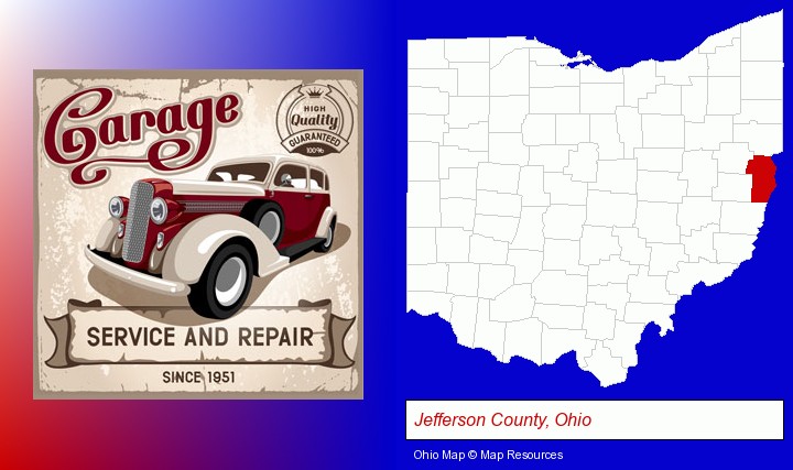 an auto service and repairs garage sign; Jefferson County, Ohio highlighted in red on a map