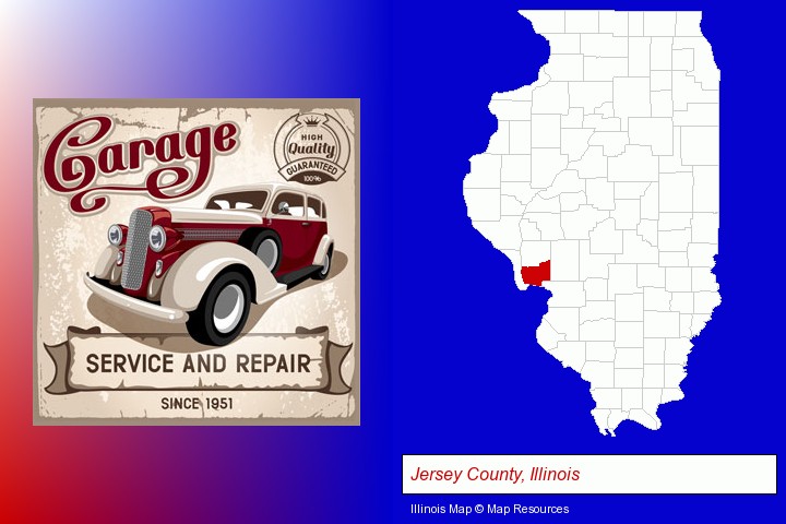 an auto service and repairs garage sign; Jersey County, Illinois highlighted in red on a map