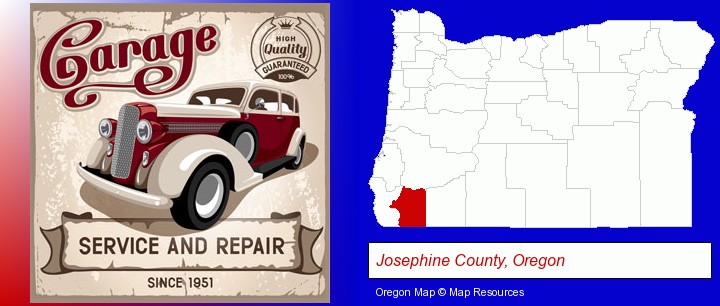an auto service and repairs garage sign; Josephine County, Oregon highlighted in red on a map