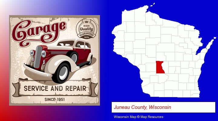 an auto service and repairs garage sign; Juneau County, Wisconsin highlighted in red on a map