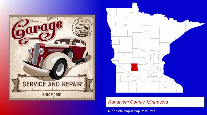 an auto service and repairs garage sign; Kandiyohi County, Minnesota highlighted in red on a map