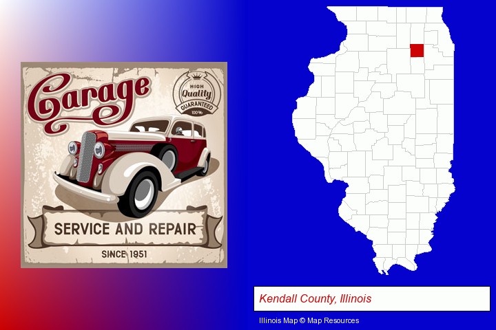 an auto service and repairs garage sign; Kendall County, Illinois highlighted in red on a map