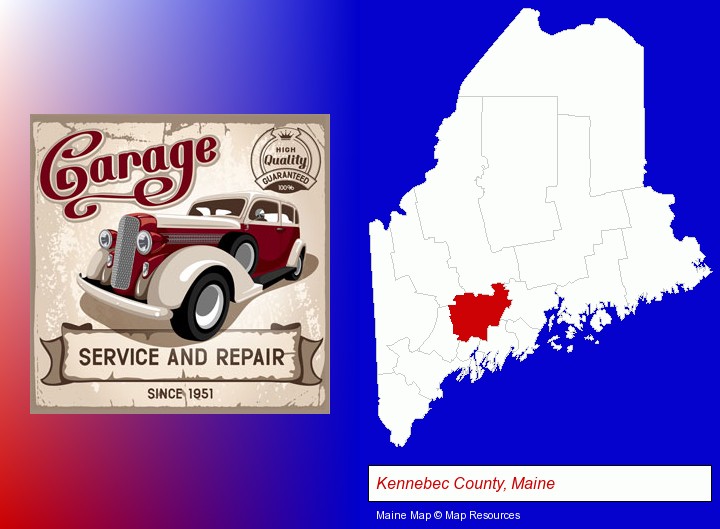 an auto service and repairs garage sign; Kennebec County, Maine highlighted in red on a map
