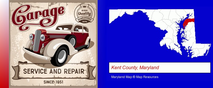 an auto service and repairs garage sign; Kent County, Maryland highlighted in red on a map