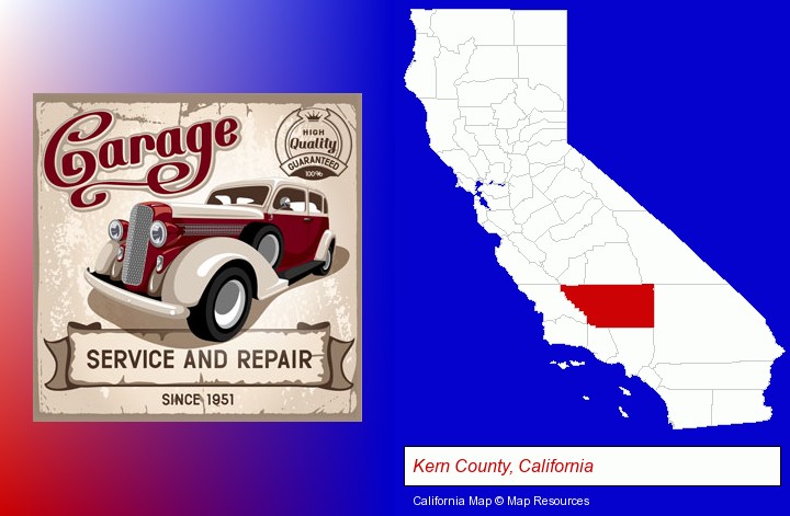 an auto service and repairs garage sign; Kern County, California highlighted in red on a map