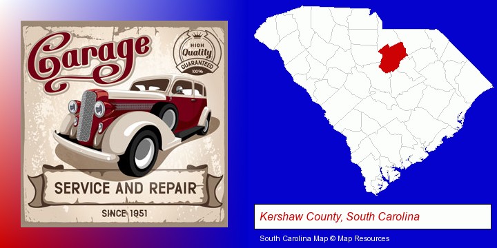 an auto service and repairs garage sign; Kershaw County, South Carolina highlighted in red on a map