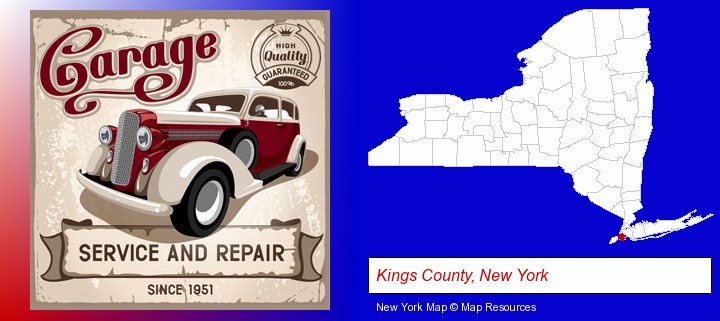 an auto service and repairs garage sign; Kings County, New York highlighted in red on a map