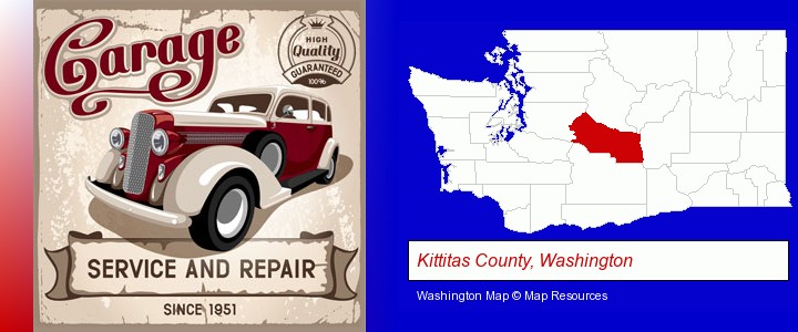 an auto service and repairs garage sign; Kittitas County, Washington highlighted in red on a map
