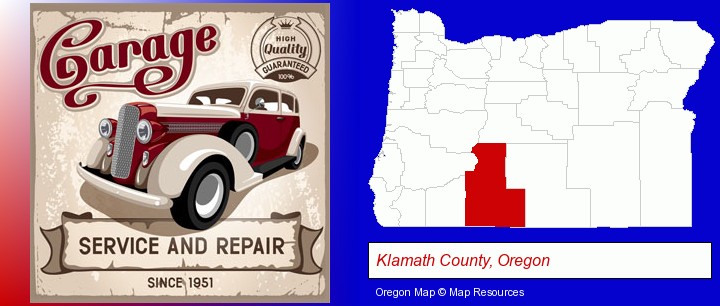an auto service and repairs garage sign; Klamath County, Oregon highlighted in red on a map