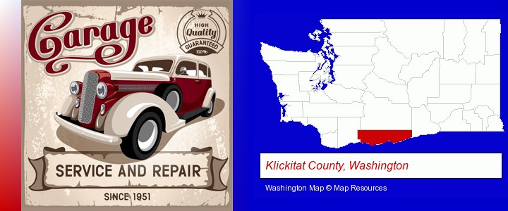 an auto service and repairs garage sign; Klickitat County, Washington highlighted in red on a map