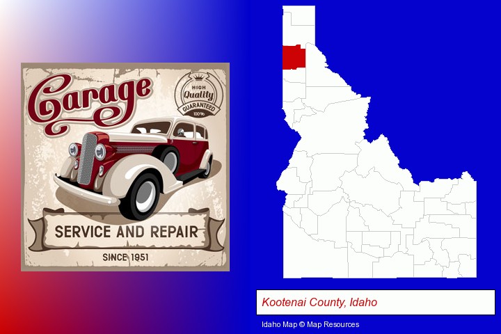an auto service and repairs garage sign; Kootenai County, Idaho highlighted in red on a map