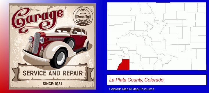 an auto service and repairs garage sign; La Plata County, Colorado highlighted in red on a map