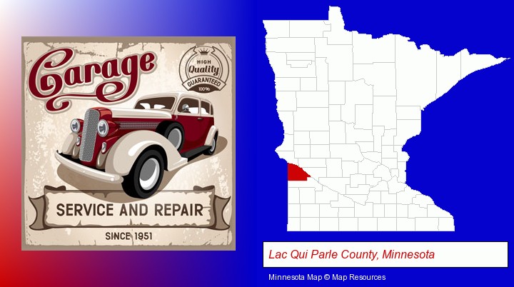 an auto service and repairs garage sign; Lac Qui Parle County, Minnesota highlighted in red on a map