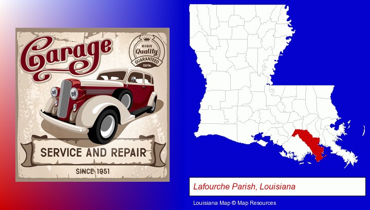 an auto service and repairs garage sign; Lafourche Parish, Louisiana highlighted in red on a map