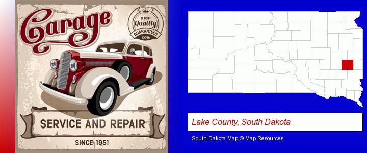 an auto service and repairs garage sign; Lake County, South Dakota highlighted in red on a map